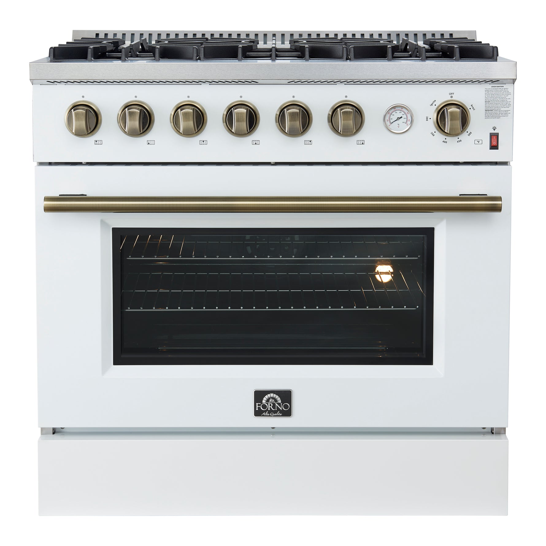 Marco 36-Inch Gas Range White & Antique Brass Design, 6 Burners 67,000 BTU, 5.36 cu.ft. Convection Oven - BonPrix Électroménagers