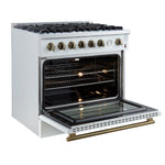 Marco 36-Inch Gas Range White & Antique Brass Design, 6 Burners 67,000 BTU, 5.36 cu.ft. Convection Oven - BonPrix Électroménagers