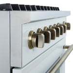 Marco 36-Inch Gas Range White & Antique Brass Design, 6 Burners 67,000 BTU, 5.36 cu.ft. Convection Oven - BonPrix Électroménagers