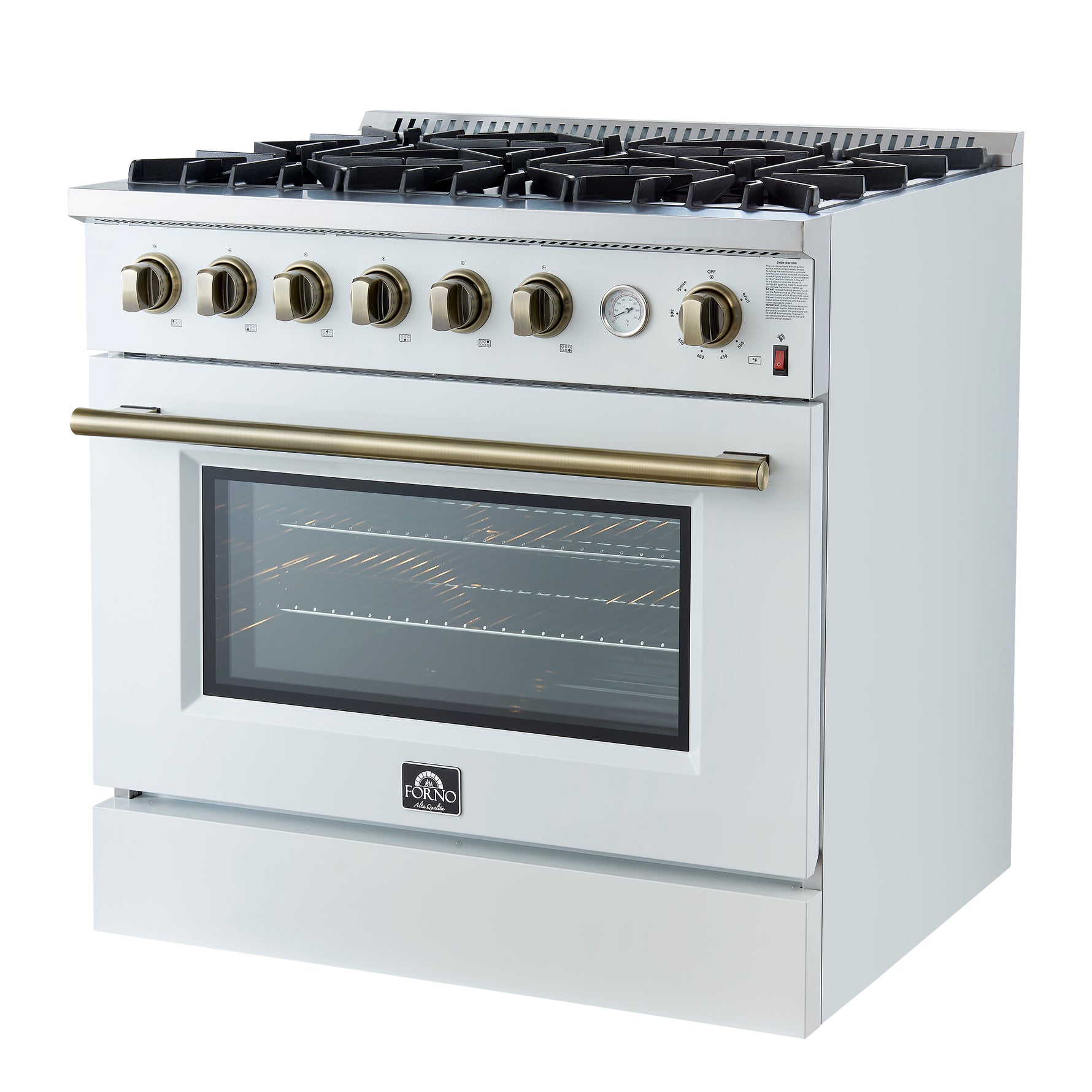 Marco 36-Inch Gas Range White & Antique Brass Design, 6 Burners 67,000 BTU, 5.36 cu.ft. Convection Oven - BonPrix Électroménagers