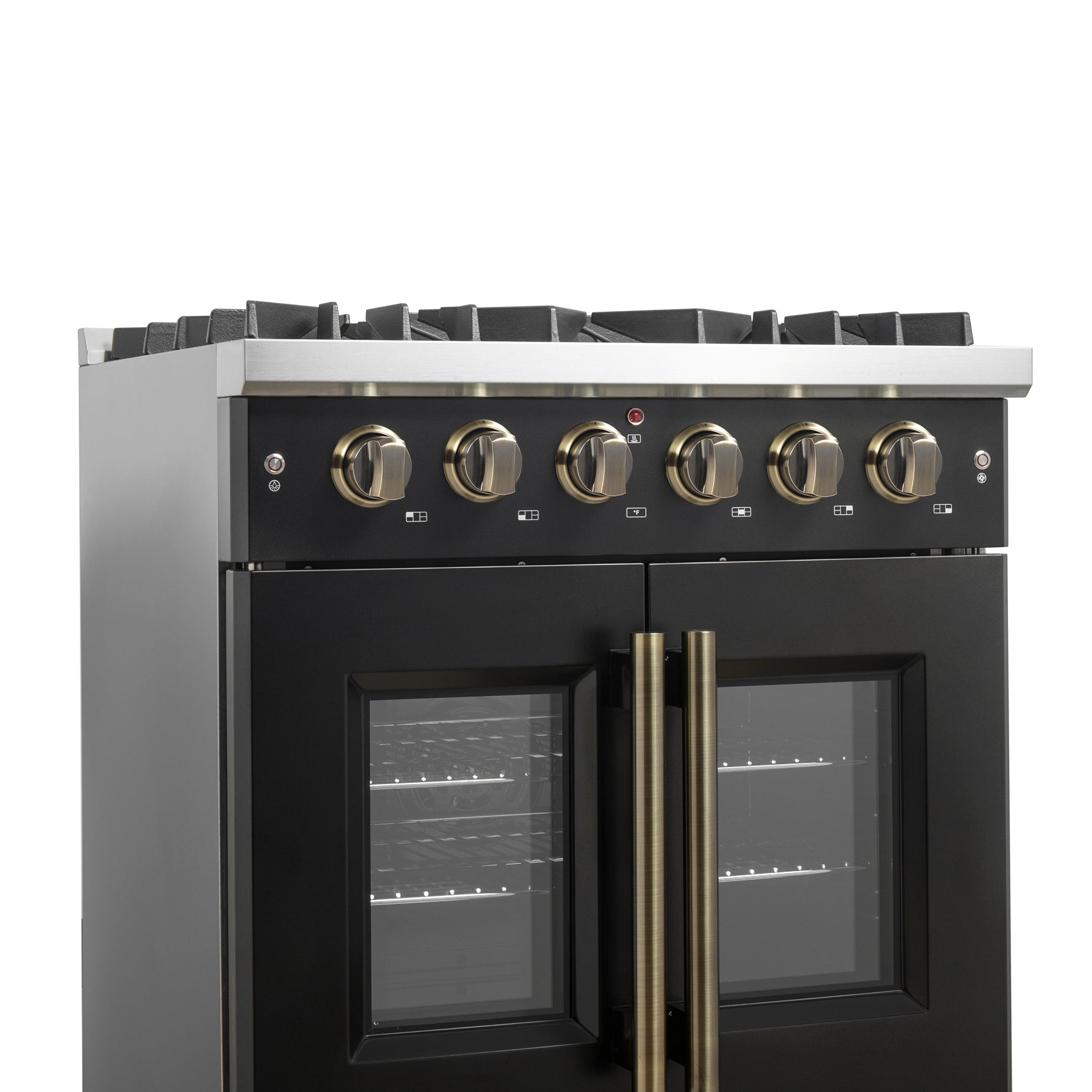 Forno Galiano 30-inch French Door Gas Range Black and Antique Brass Design, 5 Sealed Burners 68,000 BTU,  4.32 cu.ft. Convection Oven - BonPrix Électroménagers