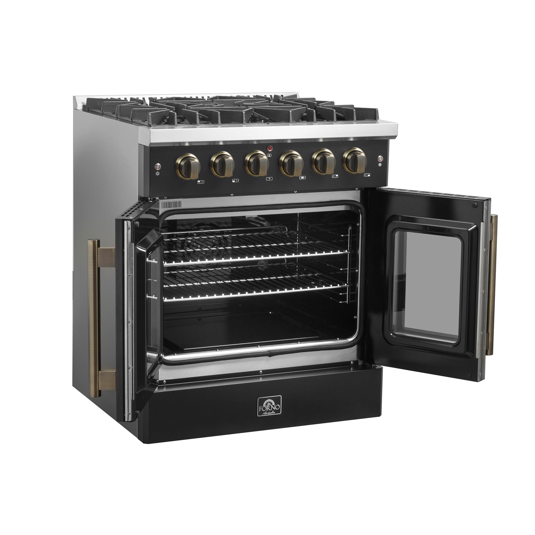 Forno Galiano 30-inch French Door Gas Range Black and Antique Brass Design, 5 Sealed Burners 68,000 BTU,  4.32 cu.ft. Convection Oven - BonPrix Électroménagers