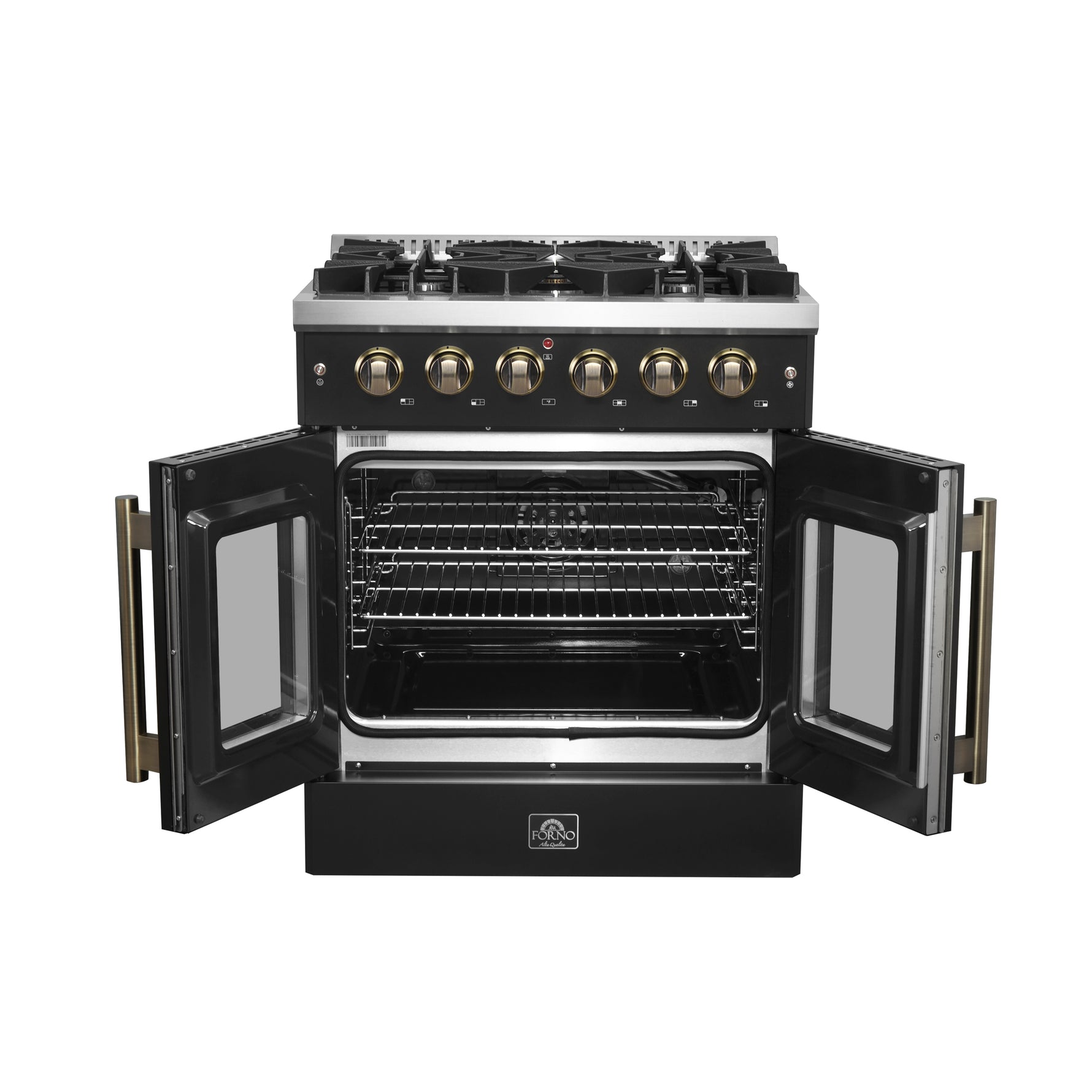 Forno Galiano 30-inch French Door Gas Range Black and Antique Brass Design, 5 Sealed Burners 68,000 BTU,  4.32 cu.ft. Convection Oven - BonPrix Électroménagers