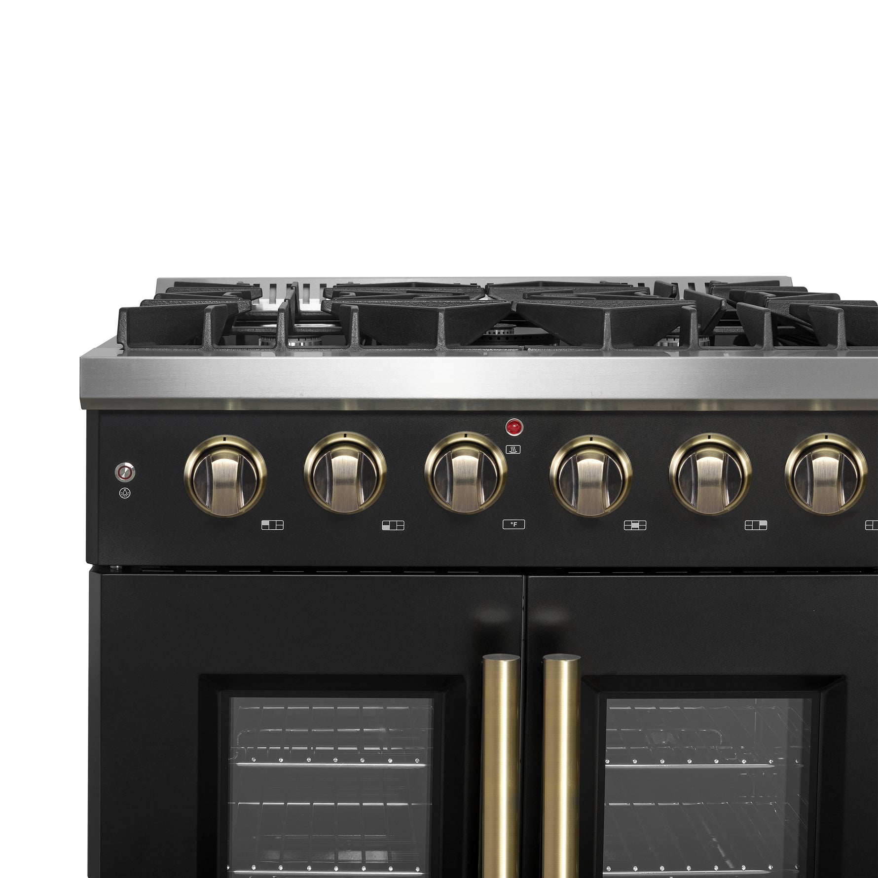 Forno Galiano 30-inch French Door Gas Range Black and Antique Brass Design, 5 Sealed Burners 68,000 BTU,  4.32 cu.ft. Convection Oven - BonPrix Électroménagers