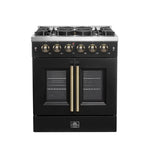 Forno Galiano 30-inch French Door Gas Range Black and Antique Brass Design, 5 Sealed Burners 68,000 BTU,  4.32 cu.ft. Convection Oven - BonPrix Électroménagers