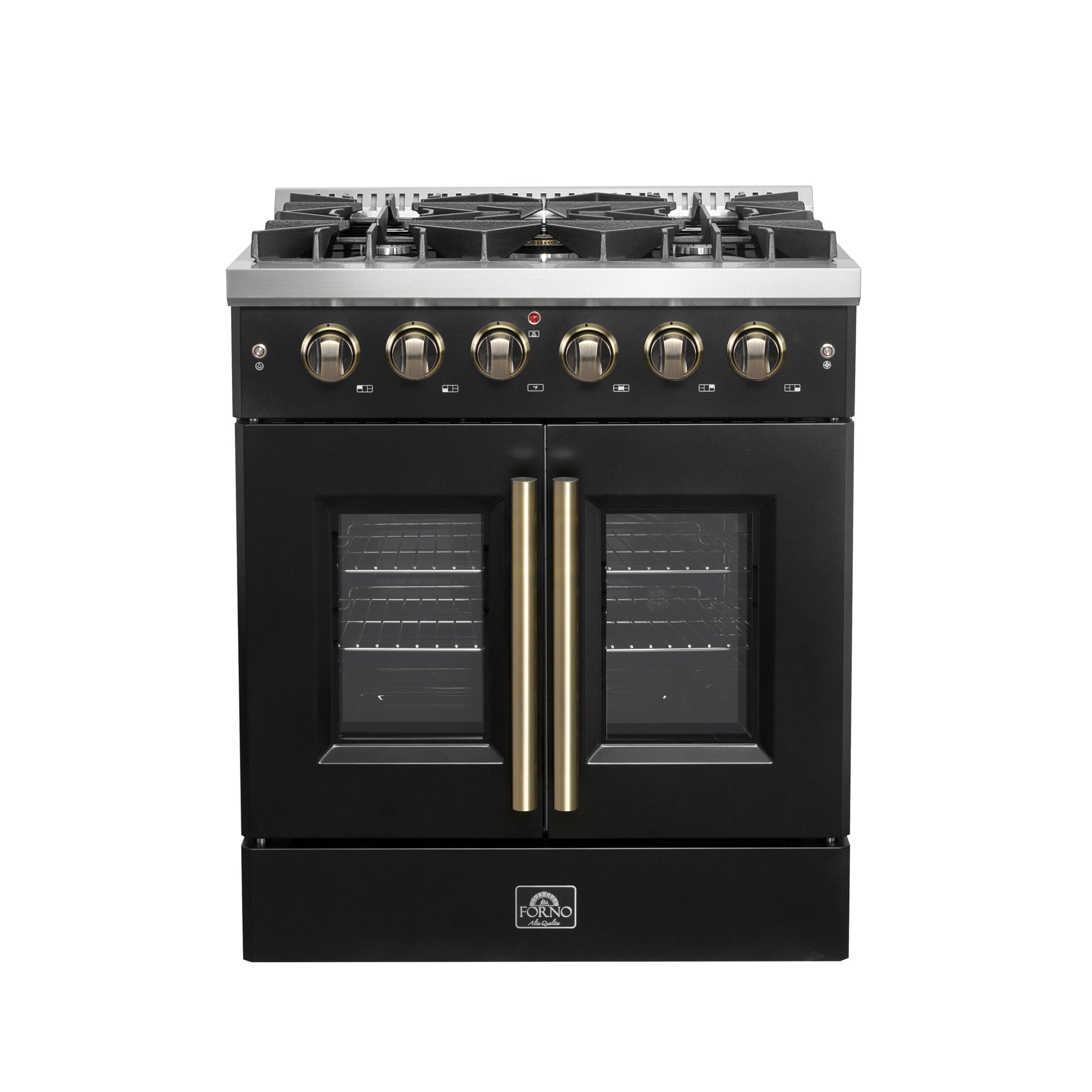 Forno Galiano 30-inch French Door Gas Range Black and Antique Brass Design, 5 Sealed Burners 68,000 BTU,  4.32 cu.ft. Convection Oven - BonPrix Électroménagers