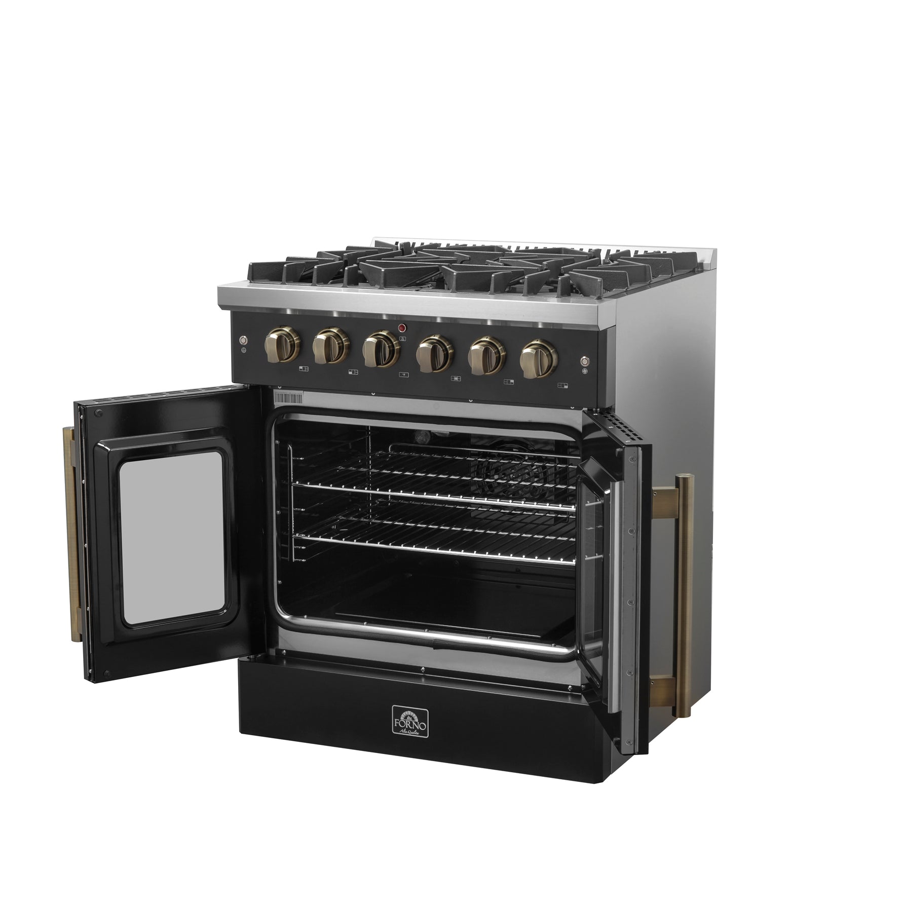 Forno Galiano 30-inch French Door Gas Range Black and Antique Brass Design, 5 Sealed Burners 68,000 BTU,  4.32 cu.ft. Convection Oven - BonPrix Électroménagers