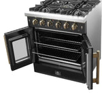 Forno Galiano 30-inch French Door Gas Range Black and Antique Brass Design, 5 Sealed Burners 68,000 BTU,  4.32 cu.ft. Convection Oven - BonPrix Électroménagers