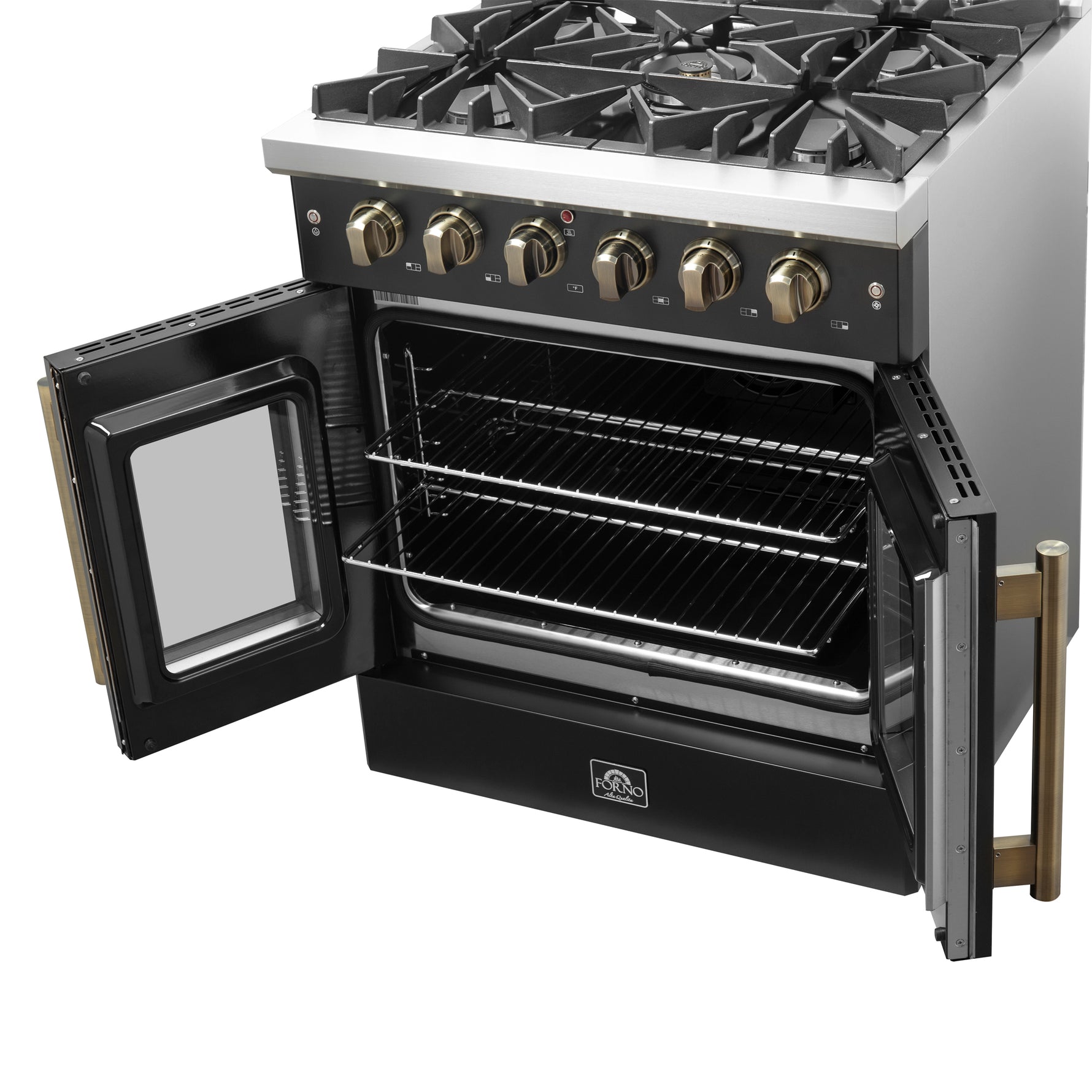Forno Galiano 30-inch French Door Gas Range Black and Antique Brass Design, 5 Sealed Burners 68,000 BTU,  4.32 cu.ft. Convection Oven - BonPrix Électroménagers