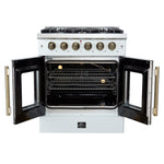 Forno Galiano 30-inch French Door Gas Range
White with Antique Brass Design, 5 Burners,
68,000 BTU, 4.32 cu.ft. Convection Oven - BonPrix Électroménagers