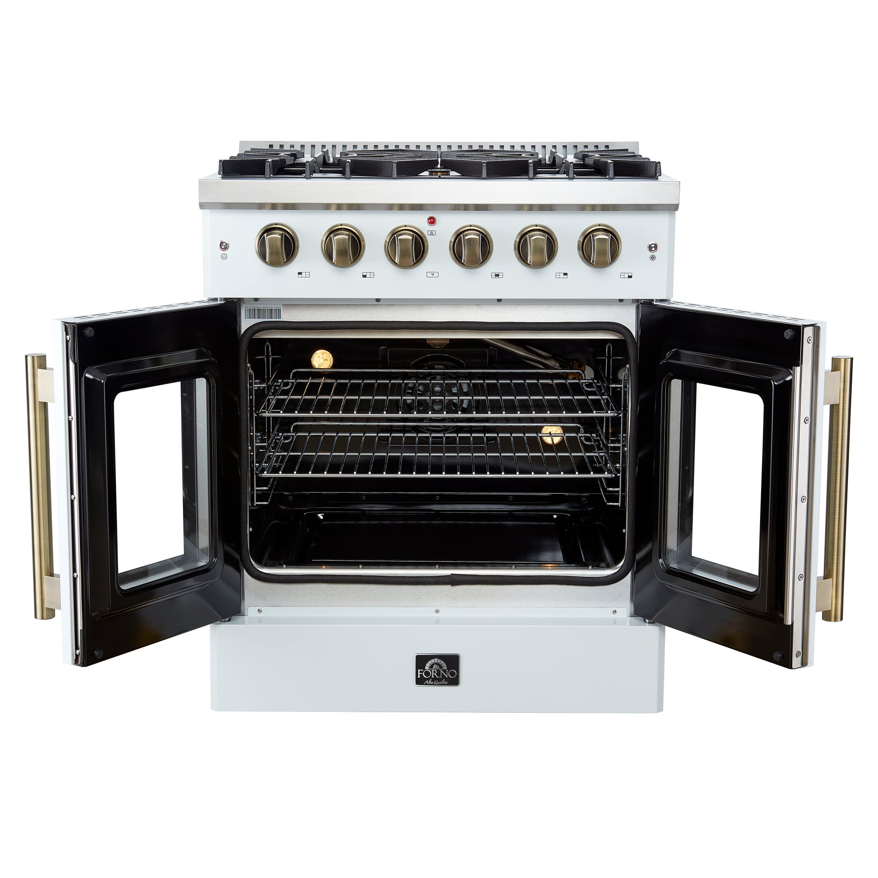 Forno Galiano 30-inch French Door Gas Range
White with Antique Brass Design, 5 Burners,
68,000 BTU, 4.32 cu.ft. Convection Oven - BonPrix Électroménagers