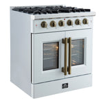 Forno Galiano 30-inch French Door Gas Range
White with Antique Brass Design, 5 Burners,
68,000 BTU, 4.32 cu.ft. Convection Oven - BonPrix Électroménagers