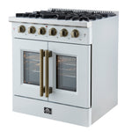 Forno Galiano 30-inch French Door Gas Range
White with Antique Brass Design, 5 Burners,
68,000 BTU, 4.32 cu.ft. Convection Oven - BonPrix Électroménagers