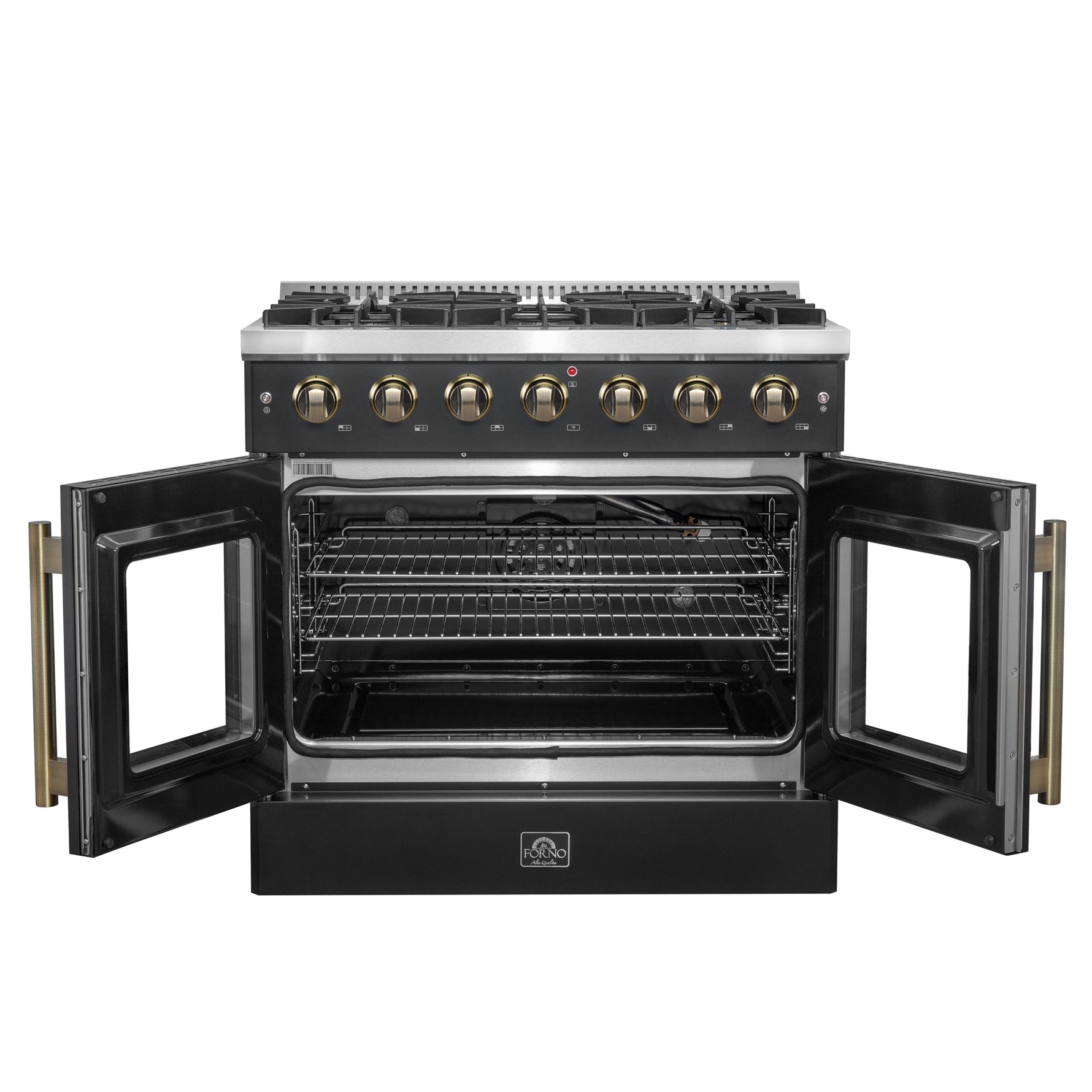 Forno Galiano 36-inch French Door Gas Range Black and Antique Brass Design, 6 Sealed Burners 83,000 BTU, 5.36 cu.ft. Convection Oven - BonPrix Électroménagers