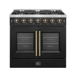 Forno Galiano 36-inch French Door Gas Range Black and Antique Brass Design, 6 Sealed Burners 83,000 BTU, 5.36 cu.ft. Convection Oven - BonPrix Électroménagers