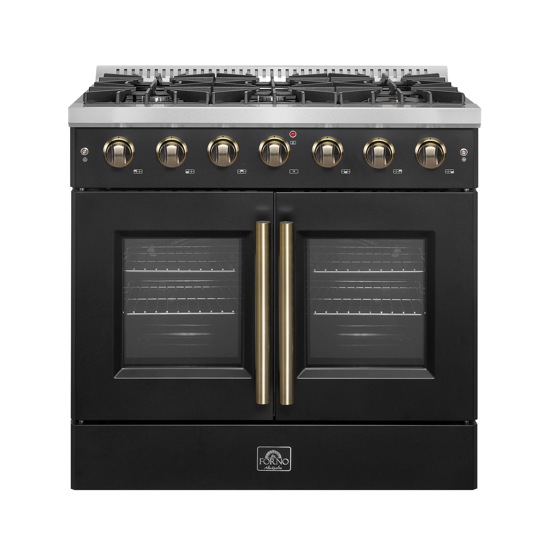 Forno Galiano 36-inch French Door Gas Range Black and Antique Brass Design, 6 Sealed Burners 83,000 BTU, 5.36 cu.ft. Convection Oven - BonPrix Électroménagers