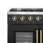 Forno Galiano 36-inch French Door Gas Range Black and Antique Brass Design, 6 Sealed Burners 83,000 BTU, 5.36 cu.ft. Convection Oven - BonPrix Électroménagers