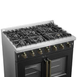 Forno Galiano 36-inch French Door Gas Range Black and Antique Brass Design, 6 Sealed Burners 83,000 BTU, 5.36 cu.ft. Convection Oven - BonPrix Électroménagers