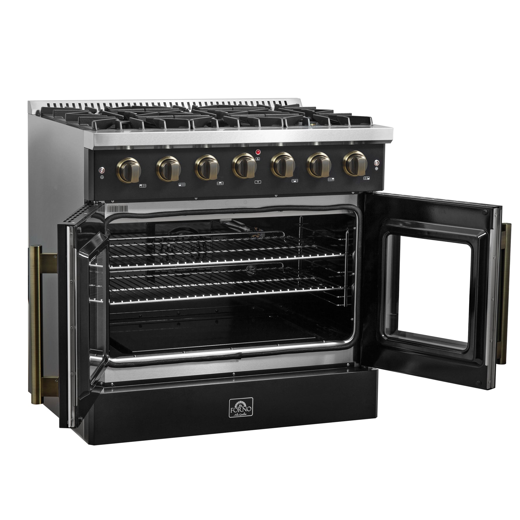 Forno Galiano 36-inch French Door Gas Range Black and Antique Brass Design, 6 Sealed Burners 83,000 BTU, 5.36 cu.ft. Convection Oven - BonPrix Électroménagers