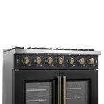 Forno Galiano 36-inch French Door Gas Range Black and Antique Brass Design, 6 Sealed Burners 83,000 BTU, 5.36 cu.ft. Convection Oven - BonPrix Électroménagers