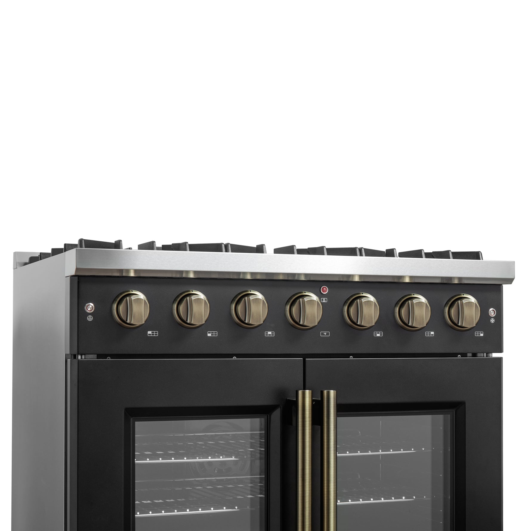 Forno Galiano 36-inch French Door Gas Range Black and Antique Brass Design, 6 Sealed Burners 83,000 BTU, 5.36 cu.ft. Convection Oven - BonPrix Électroménagers