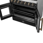 Forno Galiano 36-inch French Door Gas Range Black and Antique Brass Design, 6 Sealed Burners 83,000 BTU, 5.36 cu.ft. Convection Oven - BonPrix Électroménagers