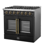 Forno Galiano 36-inch French Door Gas Range Black and Antique Brass Design, 6 Sealed Burners 83,000 BTU, 5.36 cu.ft. Convection Oven - BonPrix Électroménagers