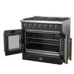 Forno Galiano 36-inch French Door Gas Range Black and Antique Brass Design, 6 Sealed Burners 83,000 BTU, 5.36 cu.ft. Convection Oven - BonPrix Électroménagers