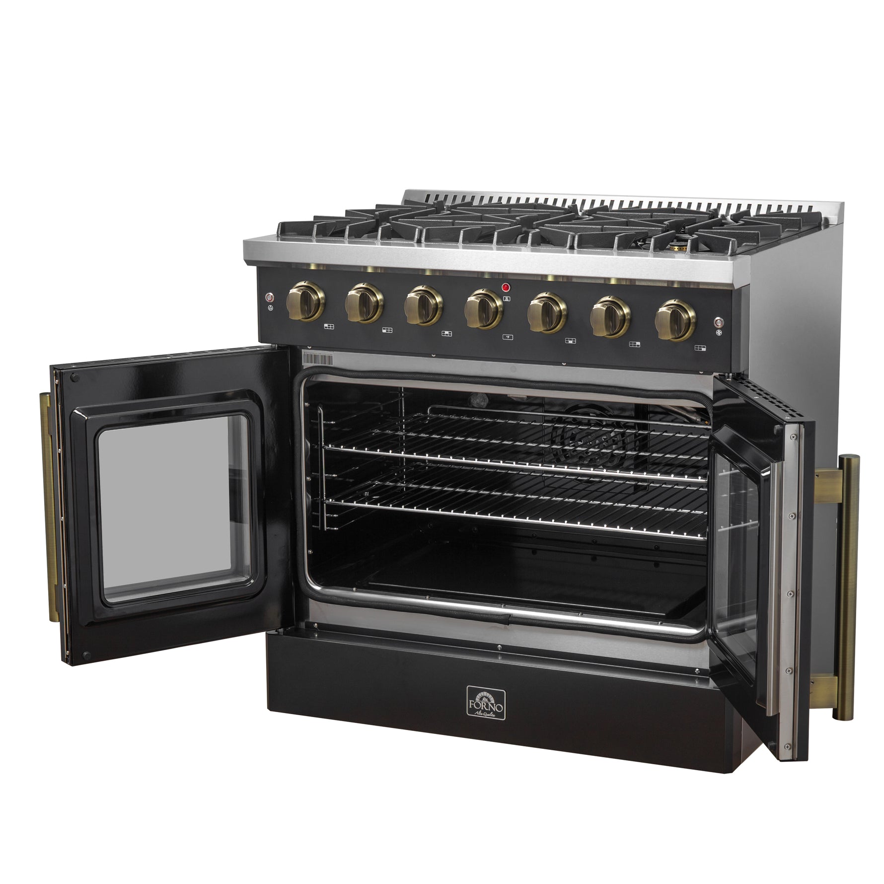 Forno Galiano 36-inch French Door Gas Range Black and Antique Brass Design, 6 Sealed Burners 83,000 BTU, 5.36 cu.ft. Convection Oven - BonPrix Électroménagers