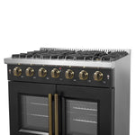 Forno Galiano 36-inch French Door Gas Range Black and Antique Brass Design, 6 Sealed Burners 83,000 BTU, 5.36 cu.ft. Convection Oven - BonPrix Électroménagers