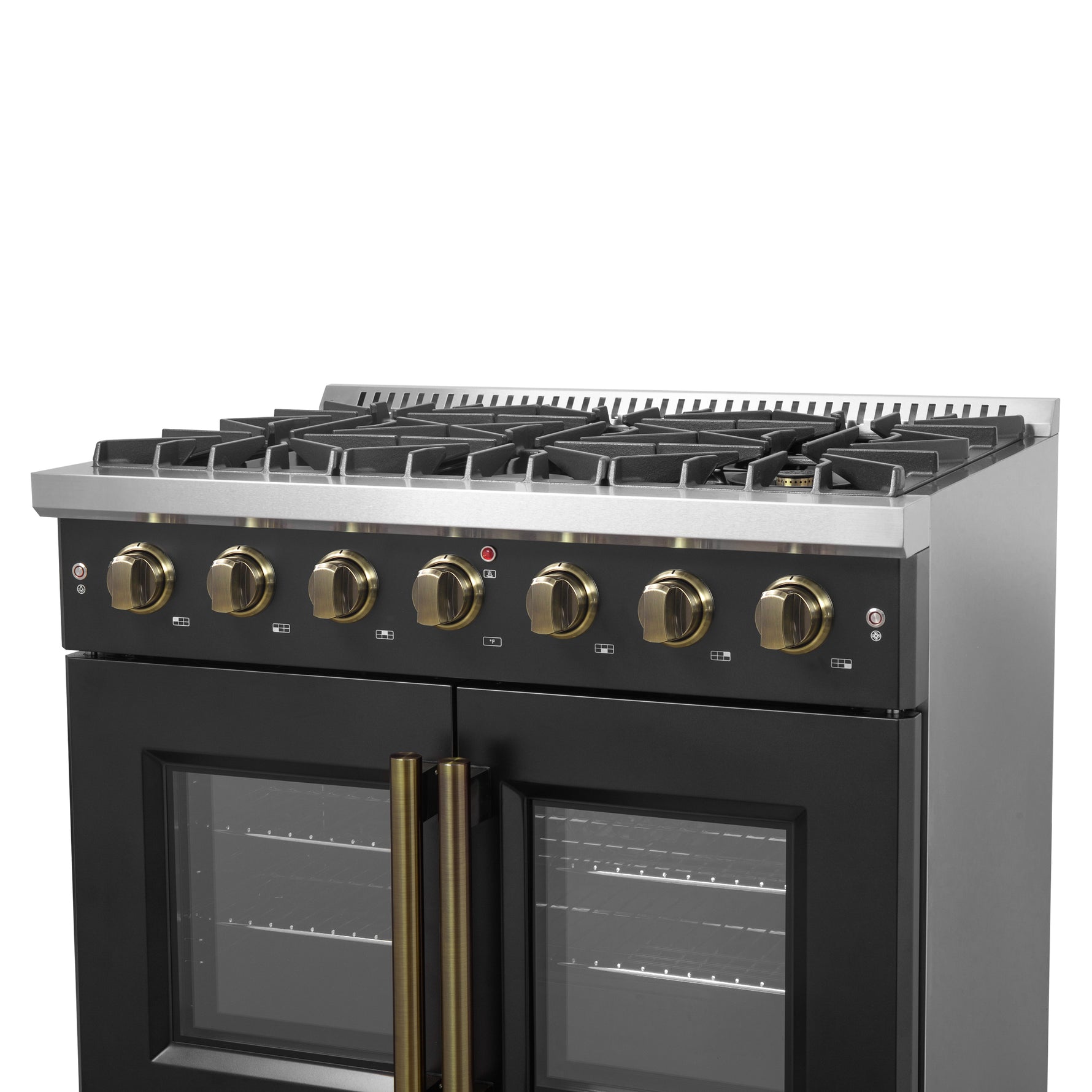 Forno Galiano 36-inch French Door Gas Range Black and Antique Brass Design, 6 Sealed Burners 83,000 BTU, 5.36 cu.ft. Convection Oven - BonPrix Électroménagers