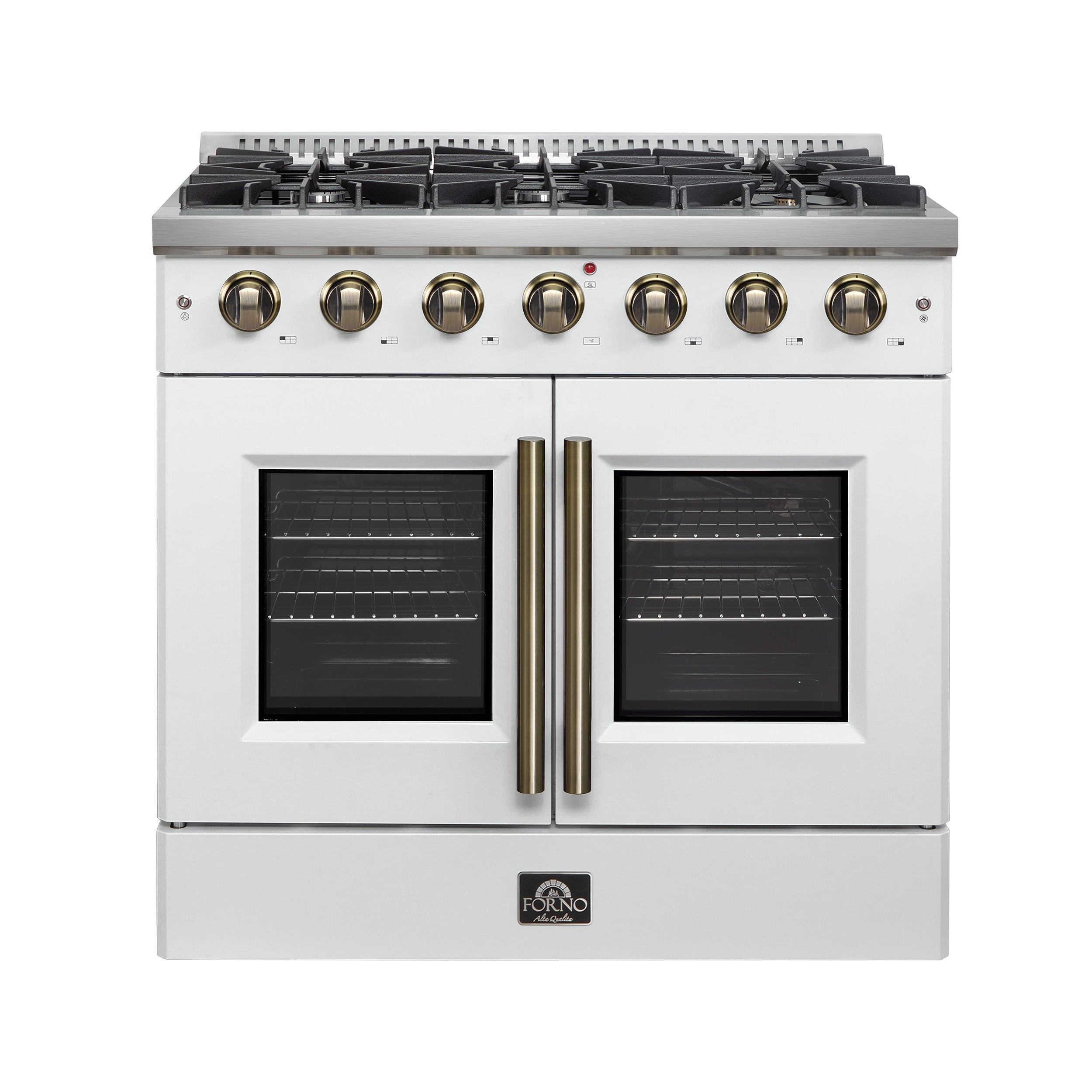 Forno Galiano 36-inch French Door Gas Range White and Antique Brass Design, 6 Sealed Burners 83,000 BTU, 5.36 cu.ft. Convection Oven - BonPrix Électroménagers