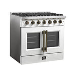 Forno Galiano 36-inch French Door Gas Range White and Antique Brass Design, 6 Sealed Burners 83,000 BTU, 5.36 cu.ft. Convection Oven - BonPrix Électroménagers
