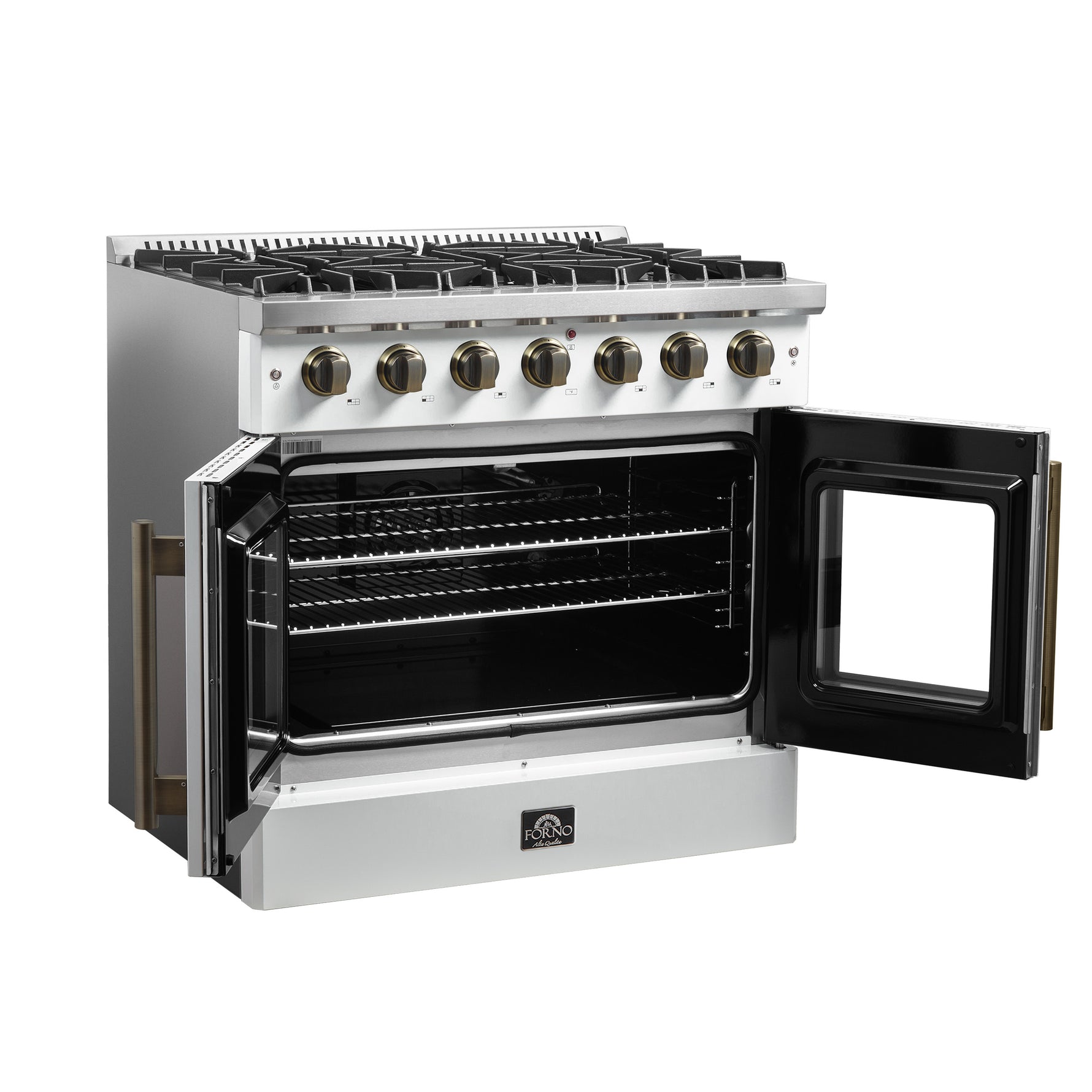 Forno Galiano 36-inch French Door Gas Range White and Antique Brass Design, 6 Sealed Burners 83,000 BTU, 5.36 cu.ft. Convection Oven - BonPrix Électroménagers