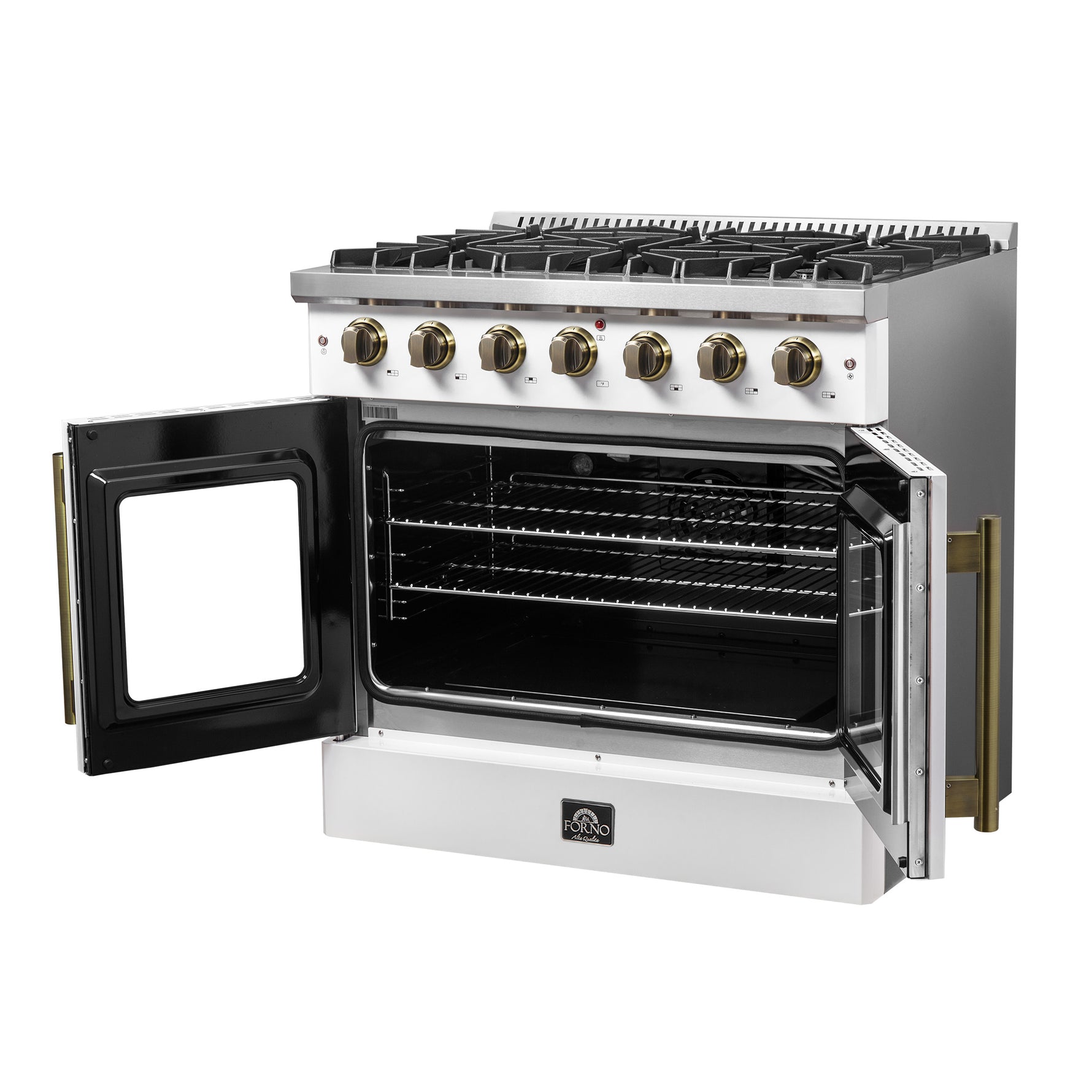 Forno Galiano 36-inch French Door Gas Range White and Antique Brass Design, 6 Sealed Burners 83,000 BTU, 5.36 cu.ft. Convection Oven - BonPrix Électroménagers