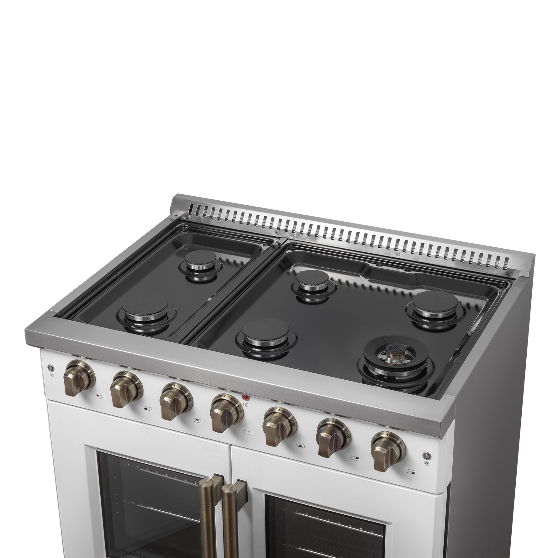 Forno Galiano 36-inch French Door Gas Range White and Antique Brass Design, 6 Sealed Burners 83,000 BTU, 5.36 cu.ft. Convection Oven - BonPrix Électroménagers