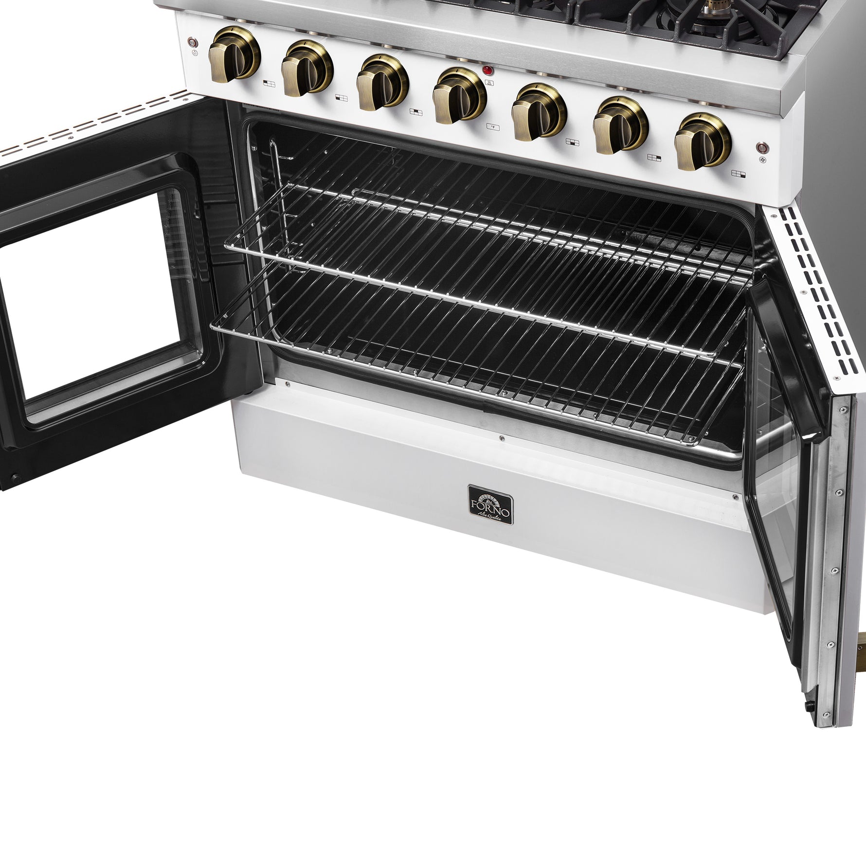 Forno Galiano 36-inch French Door Gas Range White and Antique Brass Design, 6 Sealed Burners 83,000 BTU, 5.36 cu.ft. Convection Oven - BonPrix Électroménagers
