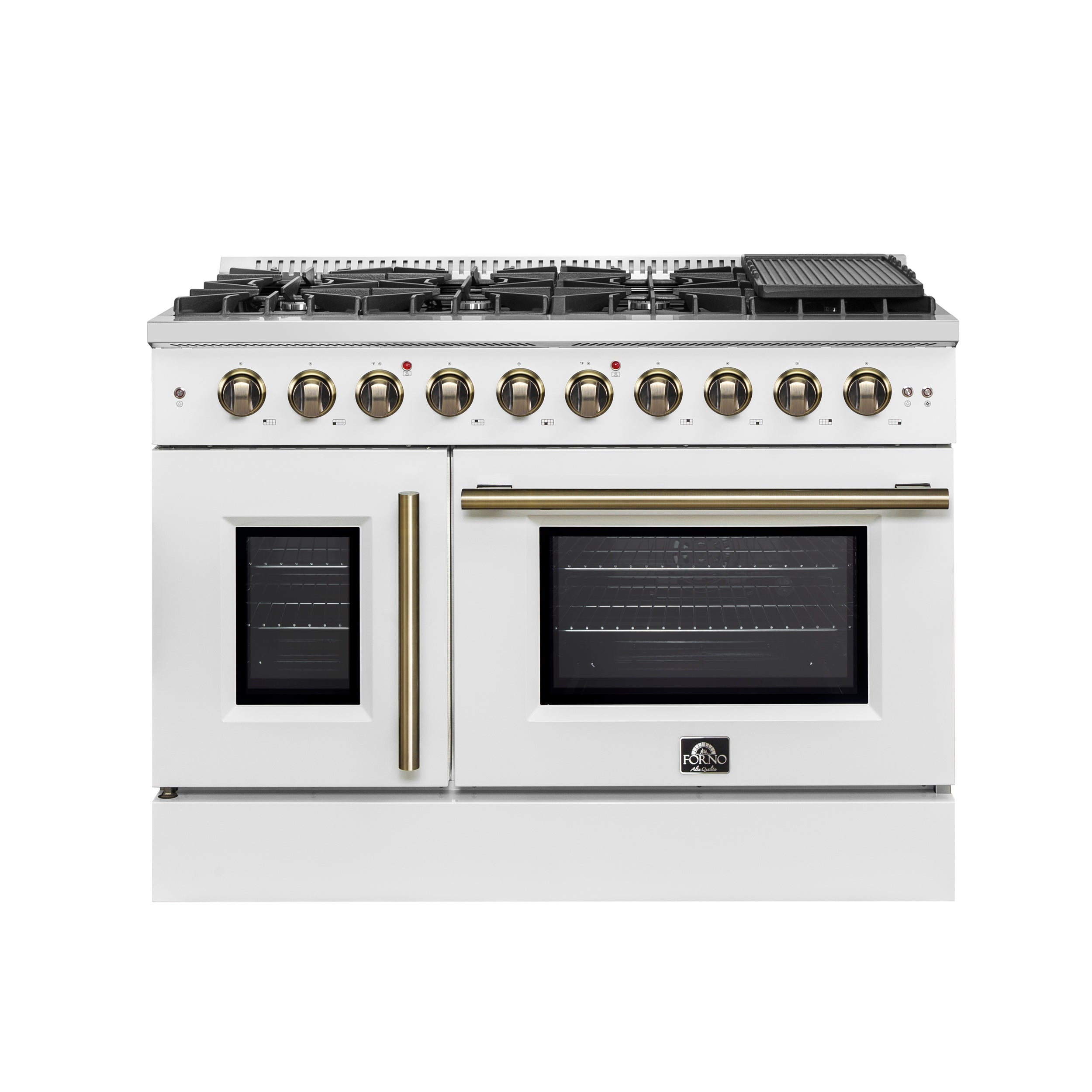 Forno Galiano 48-Inch Freestanding French Door Gas Range, White & Antique Brass - BonPrix Électroménagers