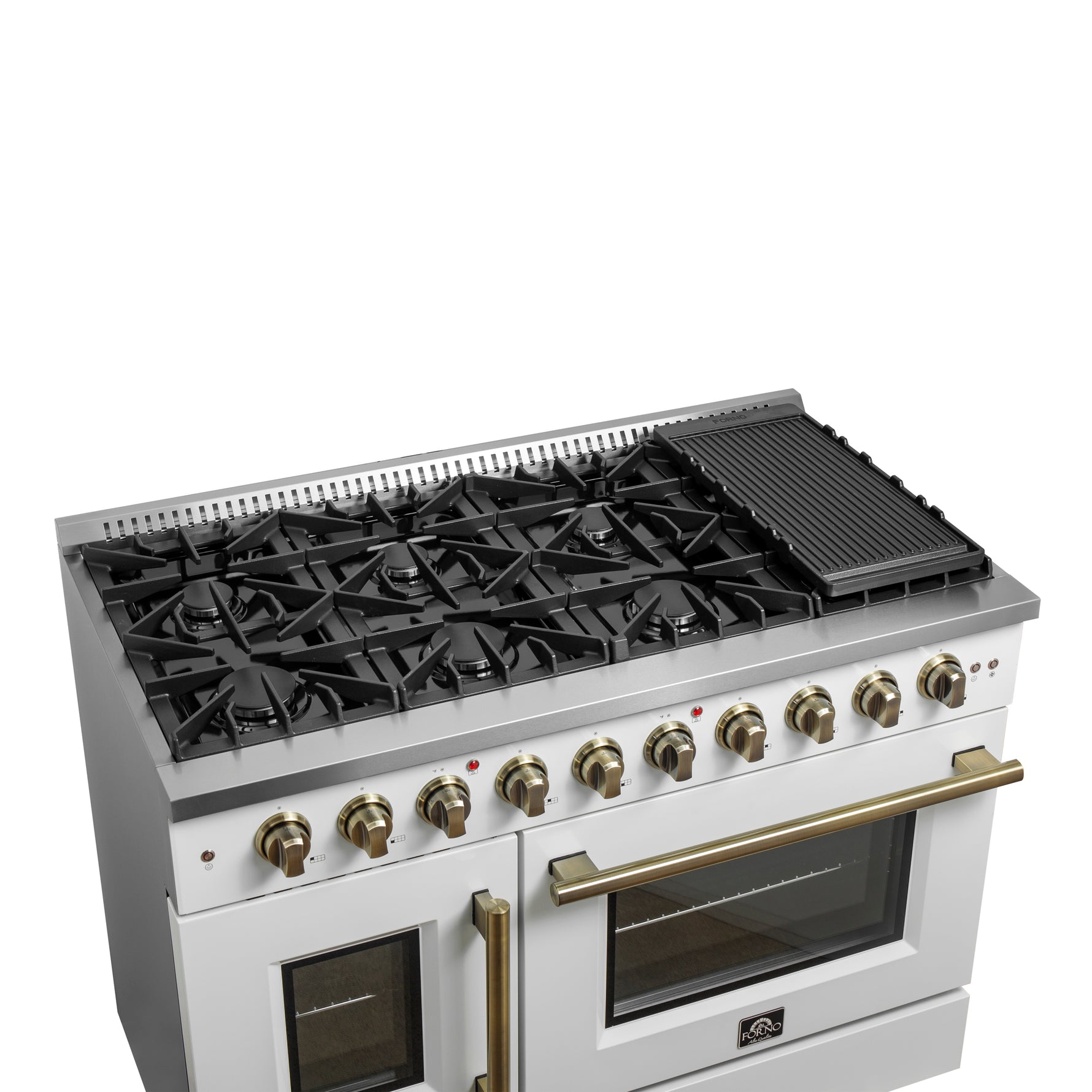 Forno Galiano 48-Inch Freestanding French Door Gas Range, White & Antique Brass - BonPrix Électroménagers
