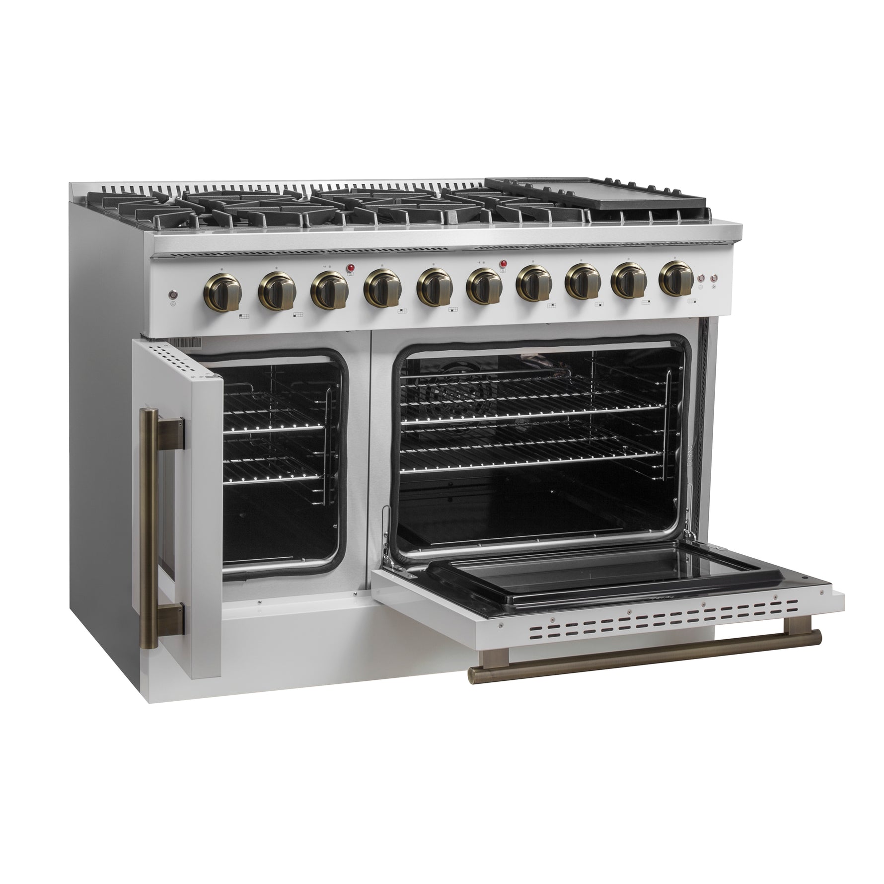 Forno Galiano 48-Inch Freestanding French Door Gas Range, White & Antique Brass - BonPrix Électroménagers