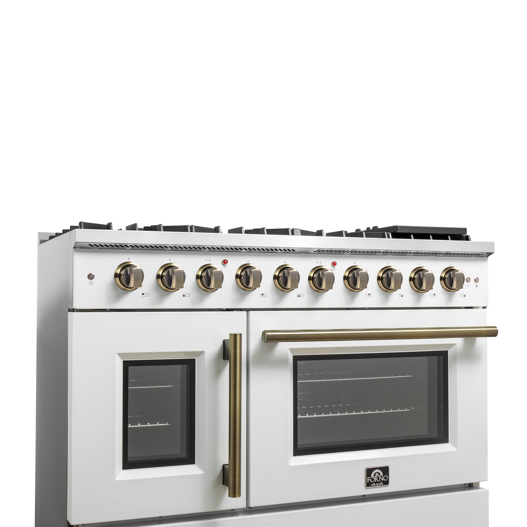 Forno Galiano 48-Inch Freestanding French Door Gas Range, White & Antique Brass - BonPrix Électroménagers