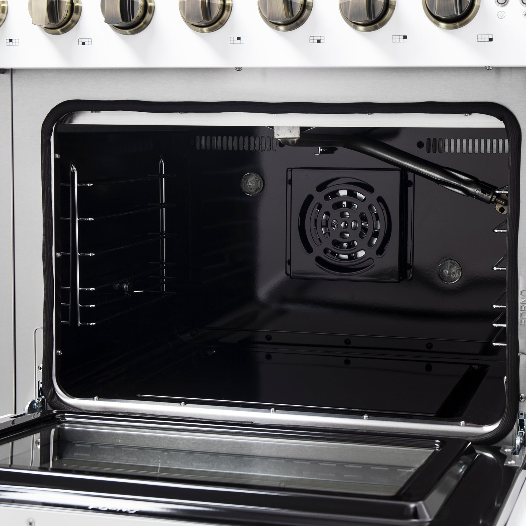 Forno Galiano 48-Inch Freestanding French Door Gas Range, White & Antique Brass - BonPrix Électroménagers