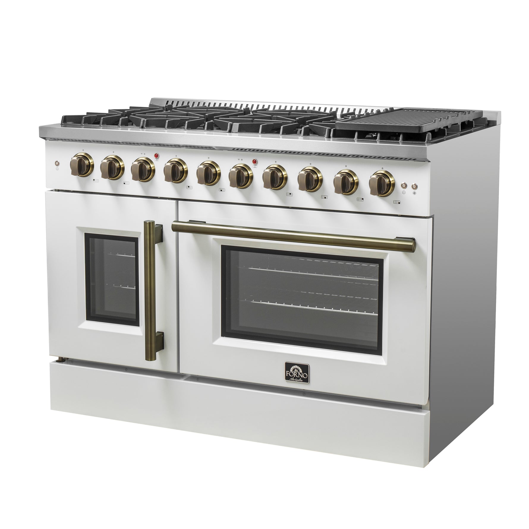 Forno Galiano 48-Inch Freestanding French Door Gas Range, White & Antique Brass - BonPrix Électroménagers