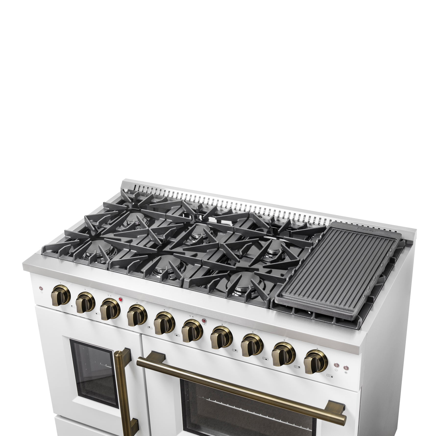Forno Galiano 48-Inch Freestanding French Door Gas Range, White & Antique Brass - BonPrix Électroménagers