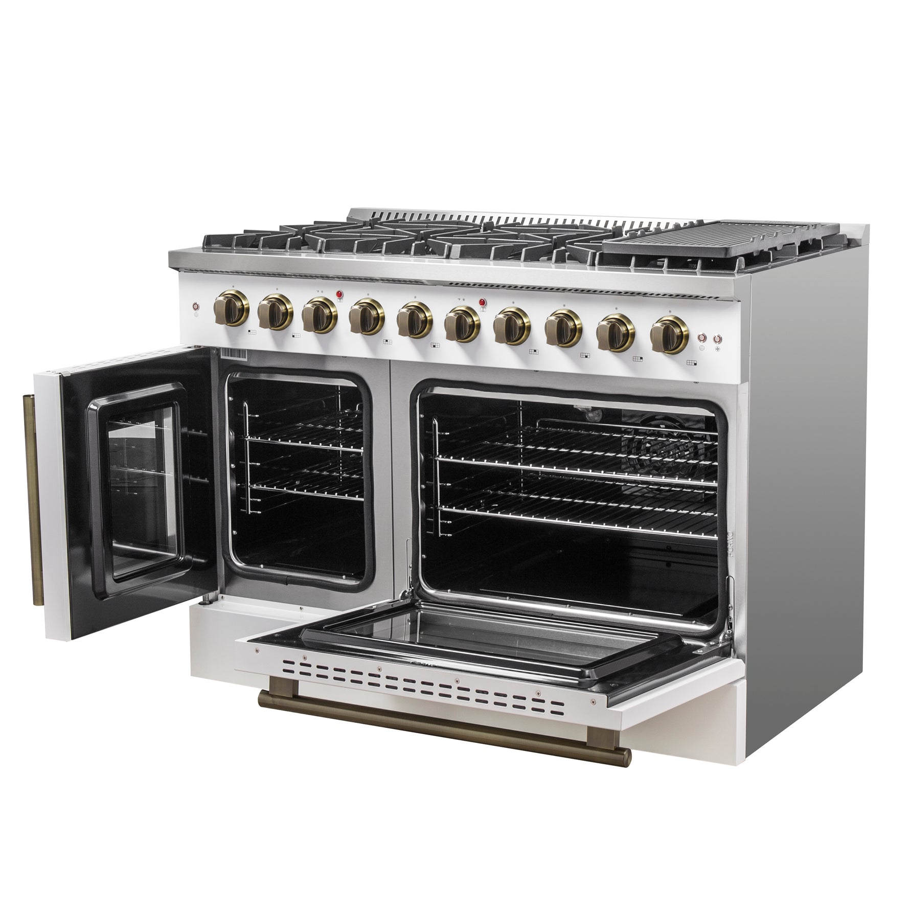 Forno Galiano 48-Inch Freestanding French Door Gas Range, White & Antique Brass - BonPrix Électroménagers