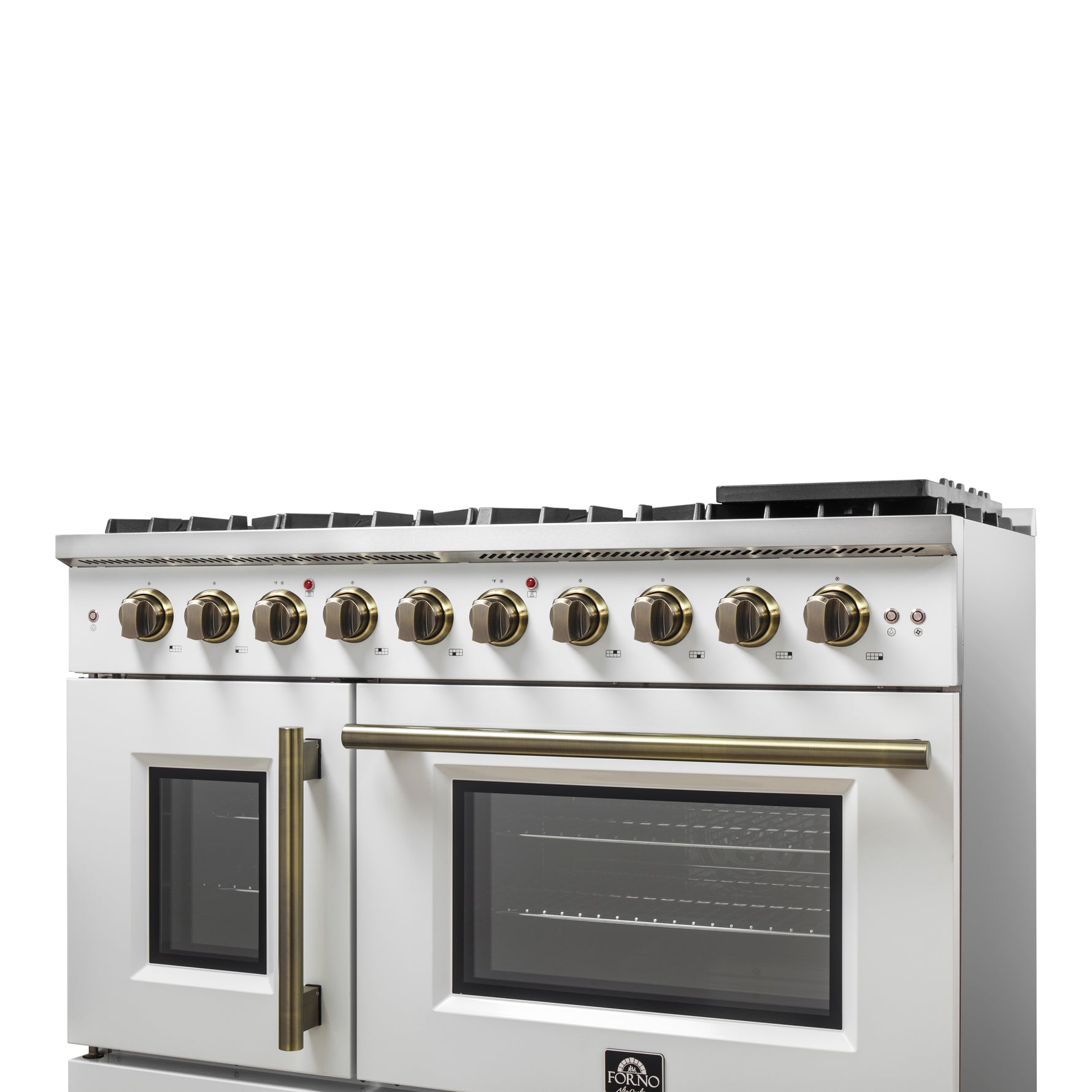 Forno Galiano 48-Inch Freestanding French Door Gas Range, White & Antique Brass - BonPrix Électroménagers