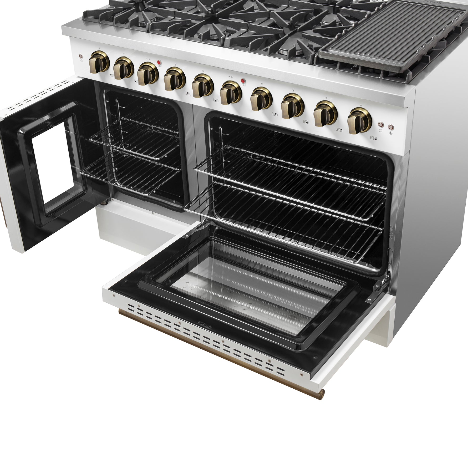 Forno Galiano 48-Inch Freestanding French Door Gas Range, White & Antique Brass - BonPrix Électroménagers