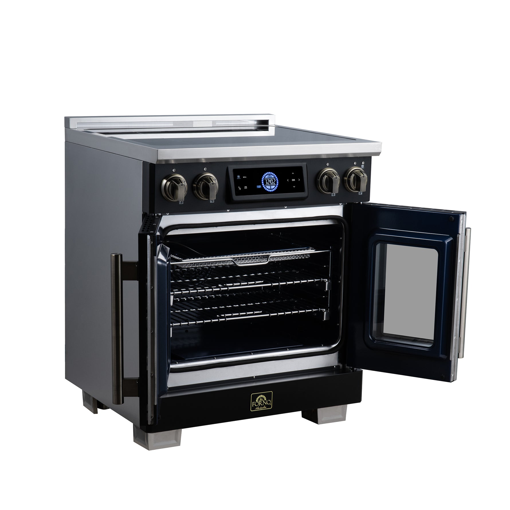 Maximus 30-Inch Induction range, French Door, 4 Cooking Zones, 4.32 cf. Convection Oven, Air Sous Vide, Air Fry Basket, Black