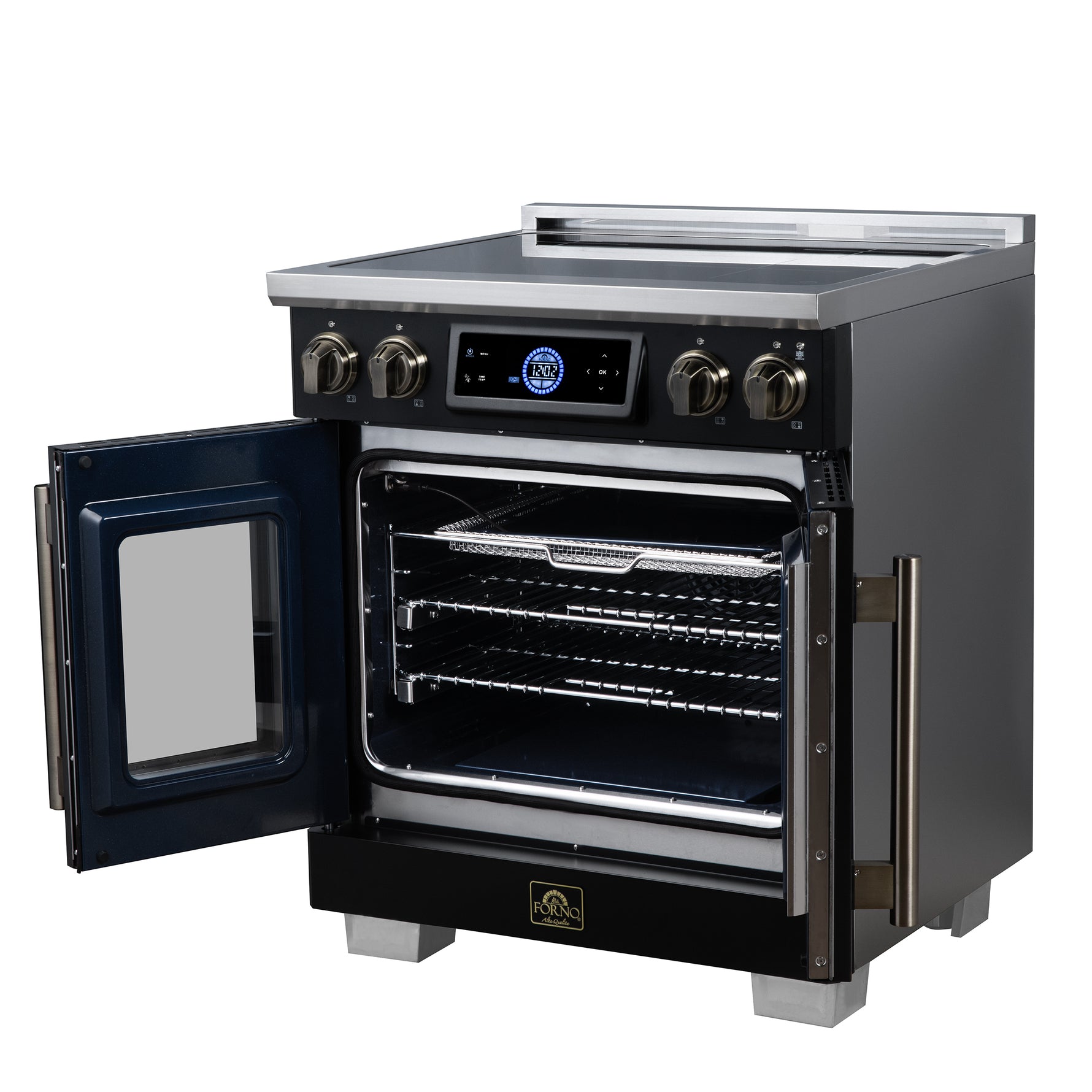Maximus 30-Inch Induction range, French Door, 4 Cooking Zones, 4.32 cf. Convection Oven, Air Sous Vide, Air Fry Basket, Black
