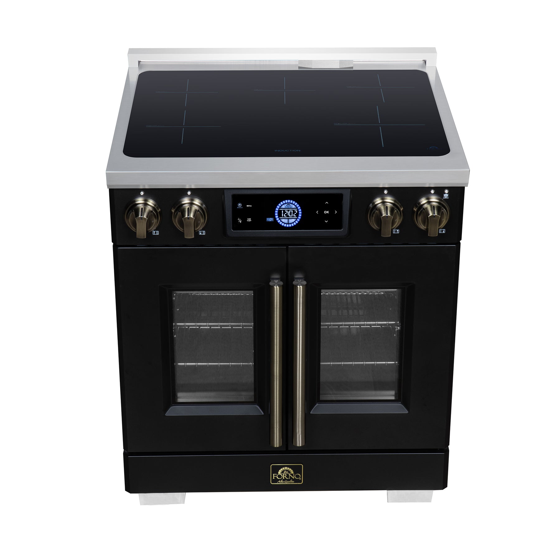 Maximus 30-Inch Induction range, French Door, 4 Cooking Zones, 4.32 cf. Convection Oven, Air Sous Vide, Air Fry Basket, Black